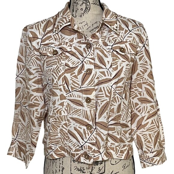 hearts of palm Jackets & Blazers - Hearts Of Palm Tan Botanical Print Linen Jacket Blazer Casual Coastal Neutral 14